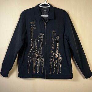 Vintage 90s EVR 100% Silk Embroidered Giraffe Full Zip Jacket M Black Safari